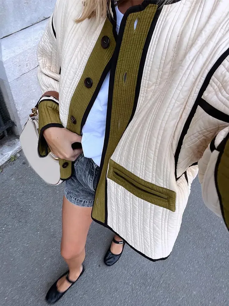 Women'S Fashion Quilted Jacket - TARUXY Fashion Contrast Cotton Jacket Coat
