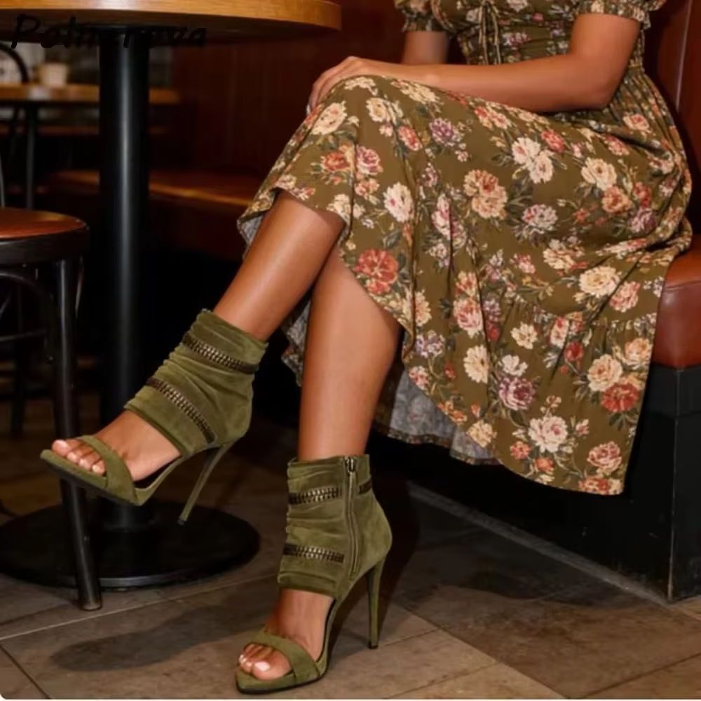 Women'S Fashion Boots - Slouchy Zipper Detail Sandals Boots Green